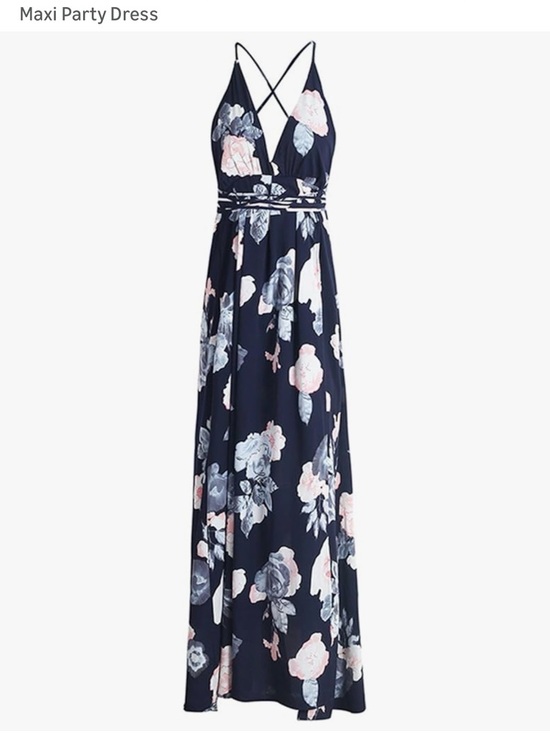 Dresses & Skirts - Bohemian Floral Navy Maxi Party Dress with Cross-Back Straps